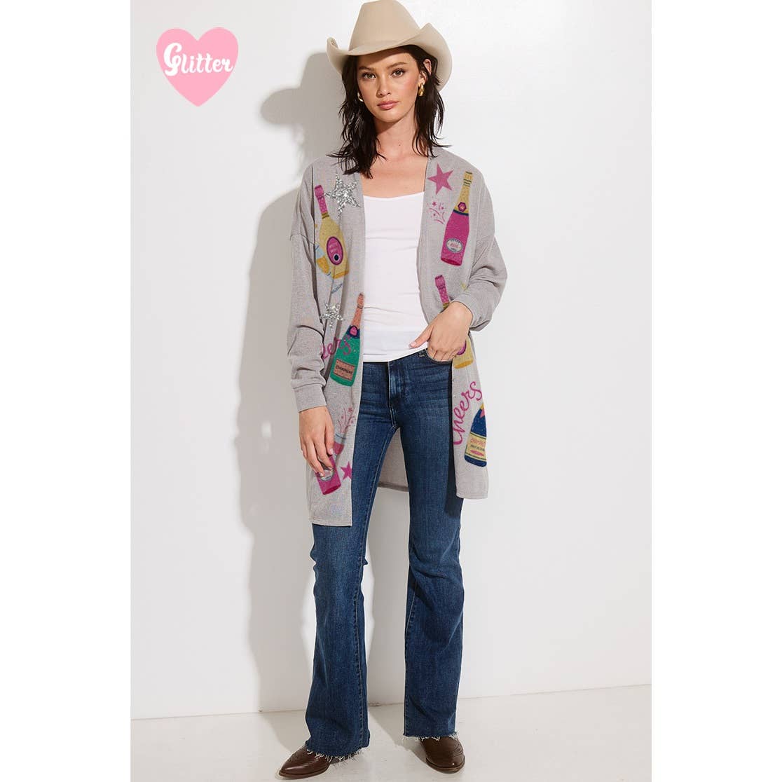 Holiday Cheers Glitter print Knit Cardigan