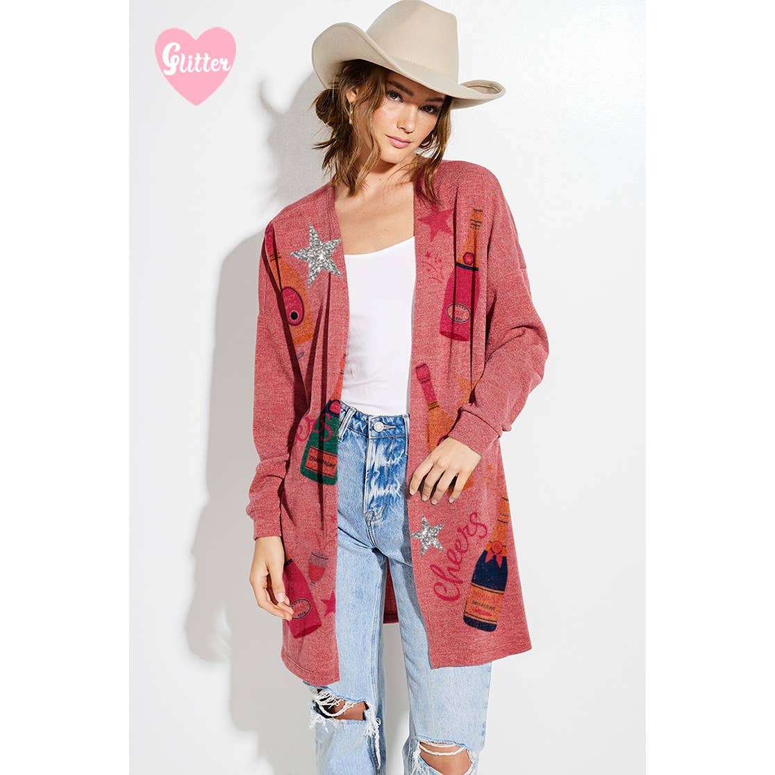 Holiday Cheers Glitter print Knit Cardigan