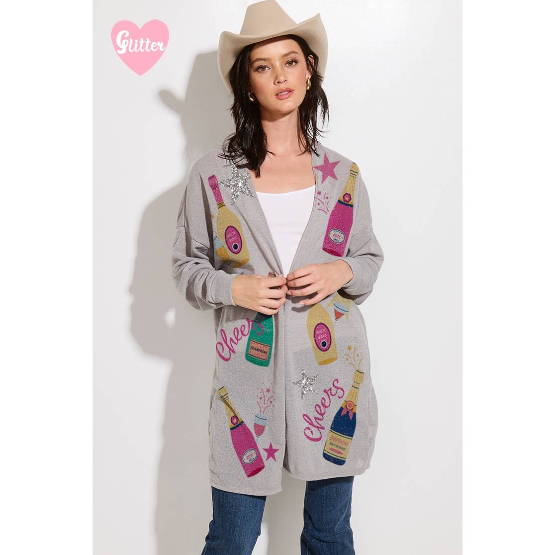 Holiday Cheers Glitter print Knit Cardigan