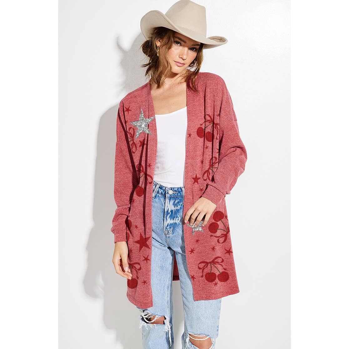 Cherry star Glitter print Knit Cardigan