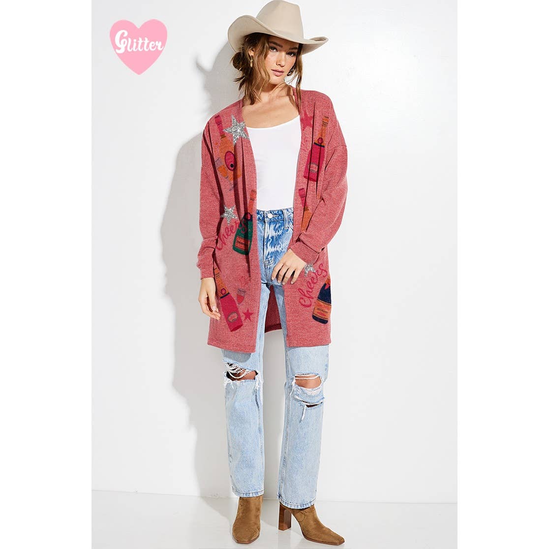 Holiday Cheers Glitter print Knit Cardigan