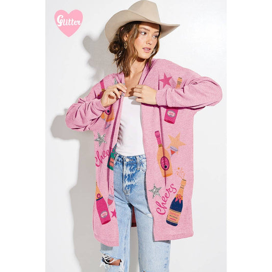 Holiday Cheers Glitter print Knit Cardigan
