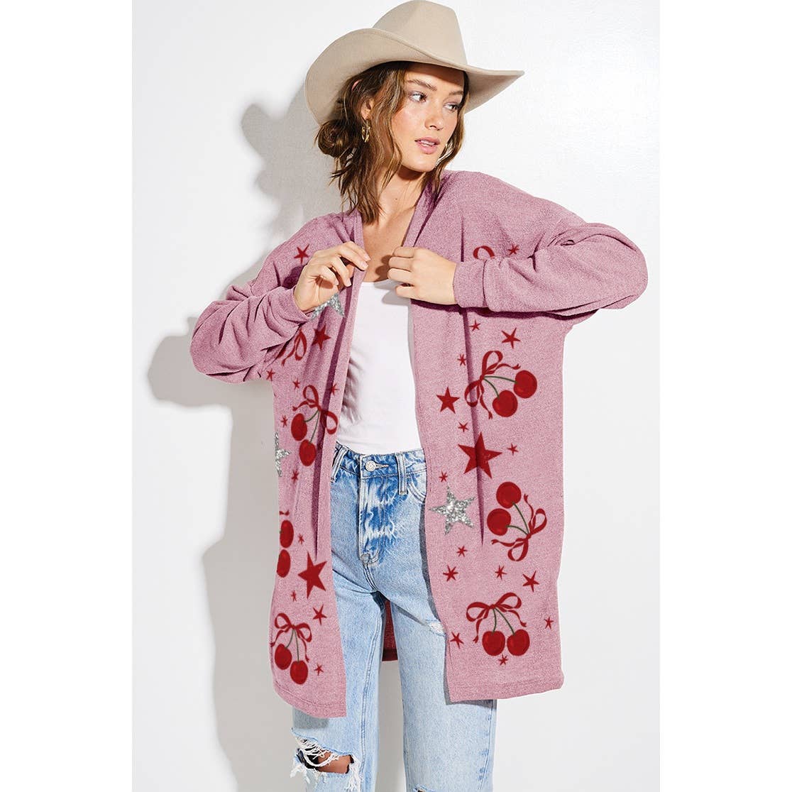 Cherry star Glitter print Knit Cardigan