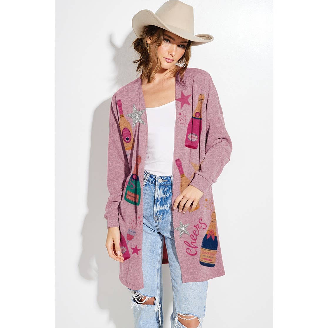 Holiday Cheers Glitter print Knit Cardigan